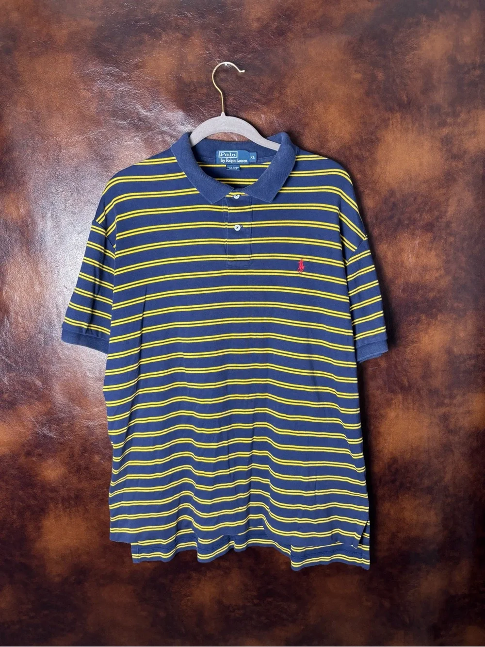 Polo by Ralph Lauren Navy & Yellow Striped Polo with Red Pony